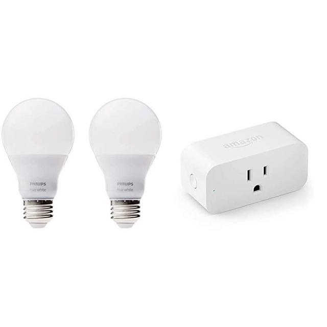 Philips Hue White A19 2-Pack 60W Equivalent Dimmable LED Smart Bulbs, Old Version & Amazon Smart Plug, Works with Alexa – A Certified for Humans Device