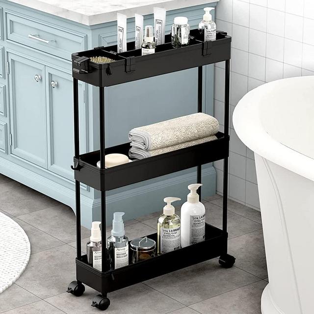 SAKA Slim Storage Cart,3 Tier Bathroom Rolling Utility Cart Storage Organizer Slide Out Cart, Mobile Shelving Unit Organizer Trolley for Office Bathroom Kitchen Laundry Room Narrow Places, Black