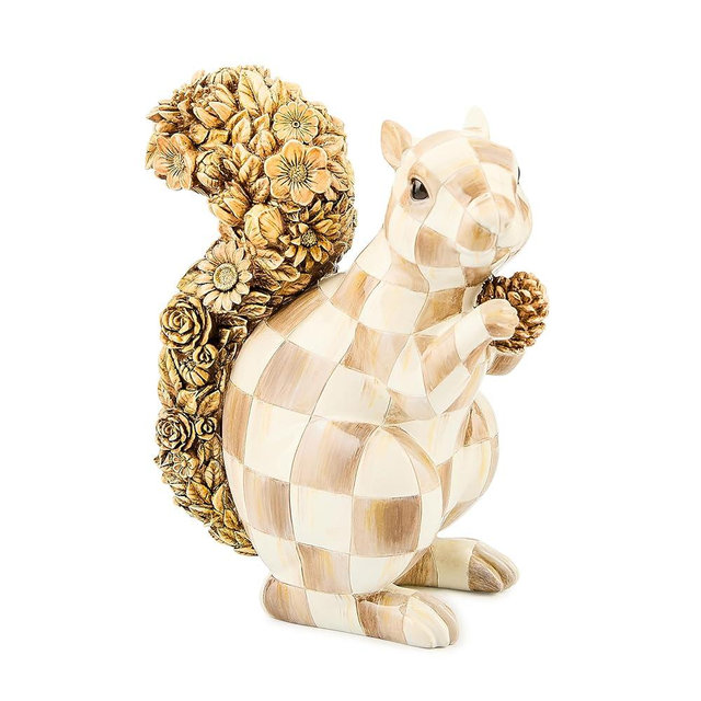 MACKENZIE-CHILDS Squirrel Figurine, Cute Resin Fall Home Decor, Brown-and-White Mocha Check