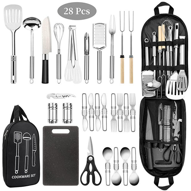 Camping Cooking Utensils Set, Stainless Steel Grill Tools, Camping BBQ Cookware Gear and Equipment for Travel Tenting RV Van Picnic Portable Kitchen Essentials Accessories