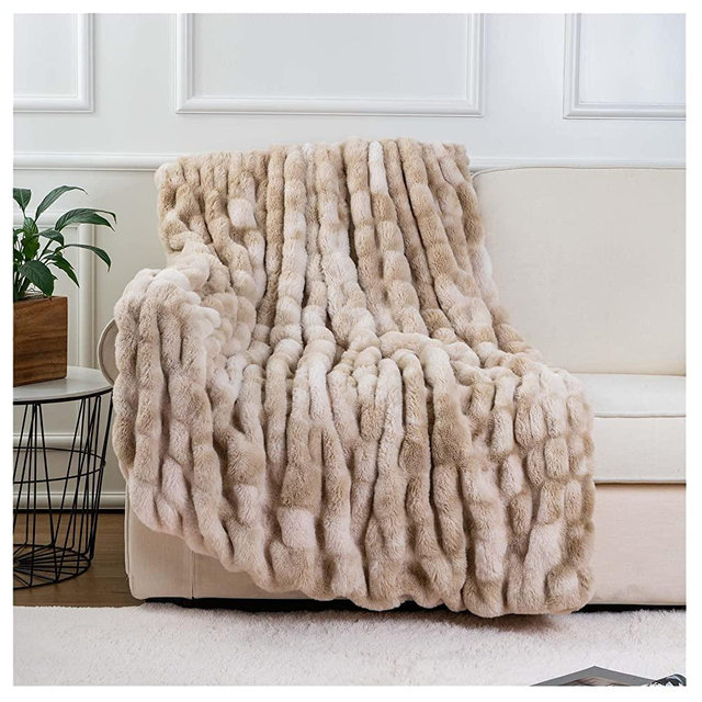 BATTILO HOME Ruched Luxurious Soft Beige Faux Fur Throw Blanket Fuzzy Plush Elegant with Reversible Mink Blanket for Sofa,Chair, Couch, Living Room, Home Decorative Blanket Tie dye (Beige, 50"x60")