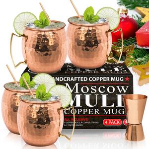 Benicci - Moscow Mule Copper Mugs - Set of 4-100% HANDCRAFTED - Food Safe Pure Solid Copper Mugs - 16 oz Gift Set with BONUS: Highest Quality Cocktail Copper Straws and Jigger!