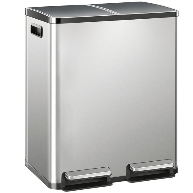 DUMOS Kitchen Trash Can, 2×7.9-Gallon Garbage Can with Lid, Stainless Steel Trash Bin with 2 Removable Inner Buckets, Soft-Close Foot Pedal, Fingerprint-Resistant for Kitchen Home Office