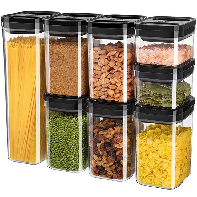 MR.SIGA 8 Piece Airtight Food Storage Container Set, BPA Free Kitchen Pantry Organization Canisters, One-Handed Airtight Plastic Containers with Lids for Cereal, Spaghetti, Pasta, Black