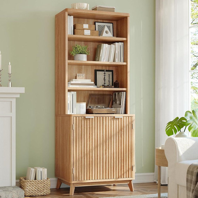 DurayLoly Tall Bookshelf with Doors, 6-Tier Bookcase with Adjustable Shelves & Storage,Fluted Cabinet Mid-Century Modern Wooden Book Shelf for Home Office, Living Room, Kitchen,Natural