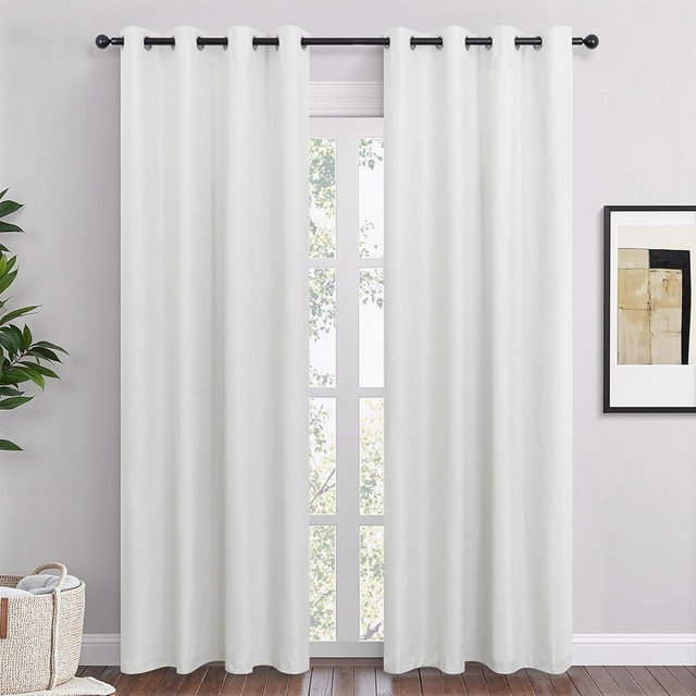 QmQmok Off White Linen Blackout Curtains 96 Inch Length 2 Panels Set for Bedroom Living Room Grommet 100% Black Out Linen Drapes Room Darkening Window Curtains 96 Inches Long Cream Ivory Beige