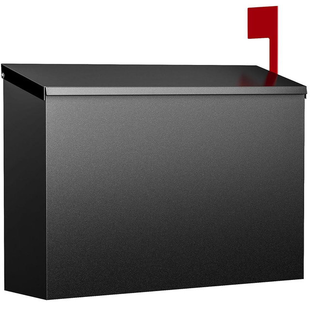VERSASKY Wall-Mount Mailbox for Outside, Large Capacity Rust-Proof Mail Box with Stay-Open Lid & Red Flag Kit, Galvanized Steel Weather-Resistant Post Box for House Outside, 10.5"x4.3"x14.2", Black