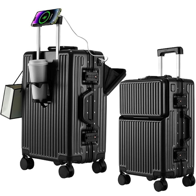 2-Piece Hardshell Zipperless Luggage Set, 20/26" Aluminum Frame Hardshell Spinner Luggage, Airline Approved Carry-On Luggage, TSA Lock, 360° Quiet Wheels With Cup Holder (Black)