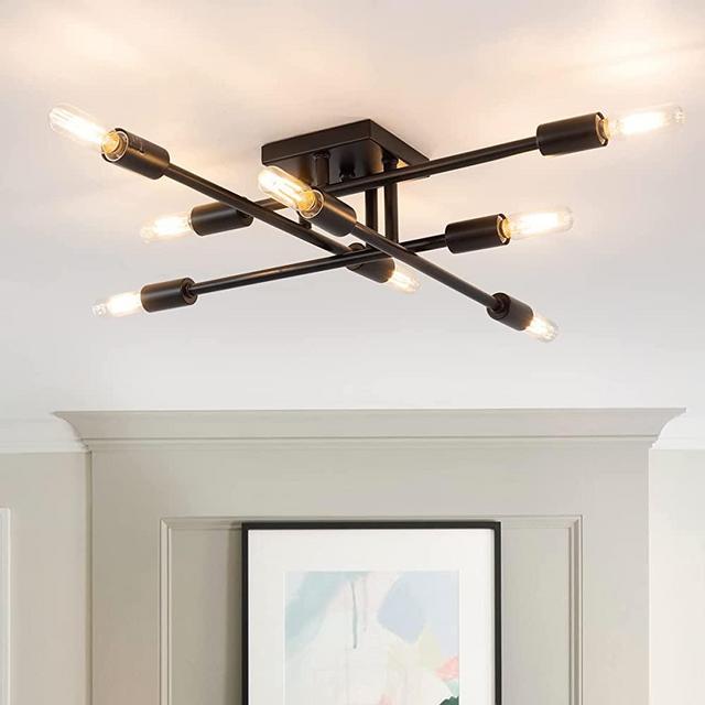 VILUXY Industrial Semi Flush Mount 8-Light Ceiling Light Fixture Matte Black Rustic Chandelier for Farmhouse Kitchen, Dining Room , Bedroom , Living Room, Hallway , Entryway