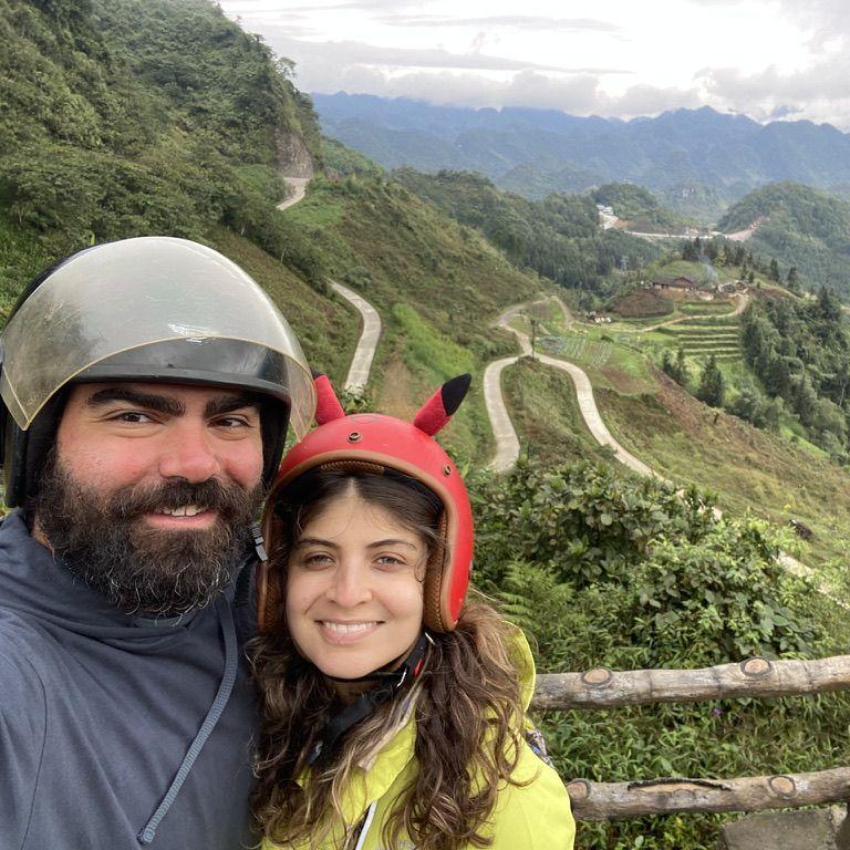 We rode a motorcycle in the Northern mountains of Vietnam, close to China. Kerem reveled in the idyllic winding roads. Negin was especially in love with her Pikachu helmet.