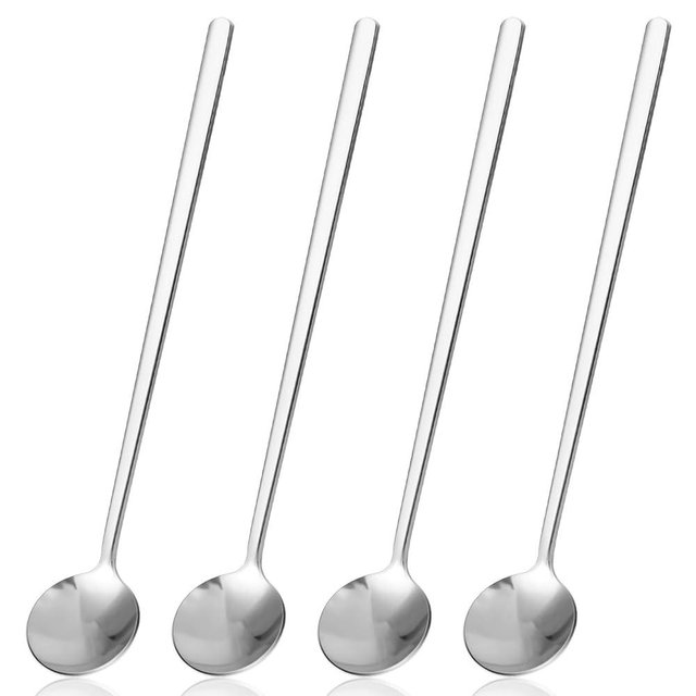 4 Pcs Coffee Spoons, 6.7 Inch Stainless Steel Long Handle Espresso Spoons Round Stirring Ice Tea Spoon Small Spoon Coffee Bar Accessories for Iced Tea, Dessert Cake, Ice Cream (Silver)