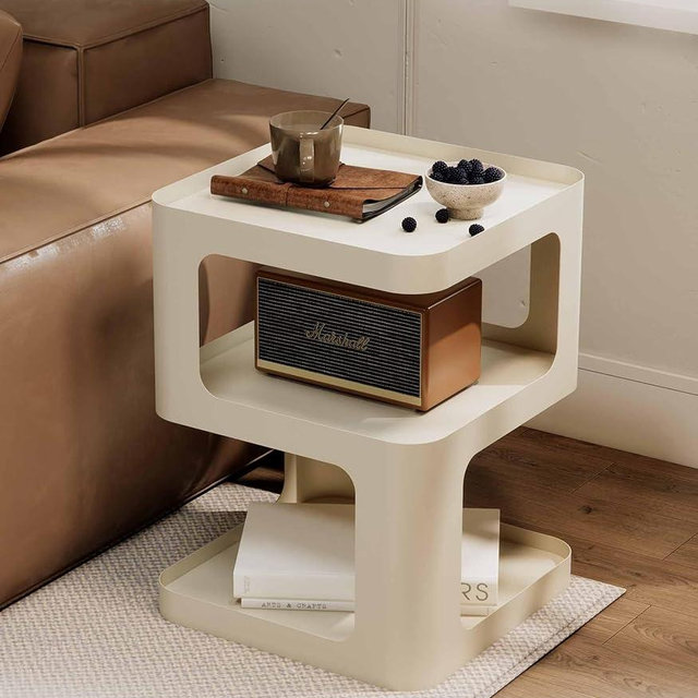 XIV Side Table, Small End Table, Modern Nightstand, Accent Bedside Table, 3 Tier Night Stands, Metal Bed Side Table for Living Room Bedroom Outdoor Entryway, No Assembly Required, Off White