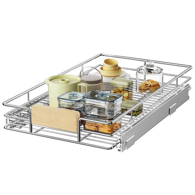 LOVMOR Pull Out Cabinet Organizer with Wooden Handle, 13½" W x 21½"Heavy Duty Cabinet Drawers Shelves Slide Out Organizer for Kitchen, Pantry