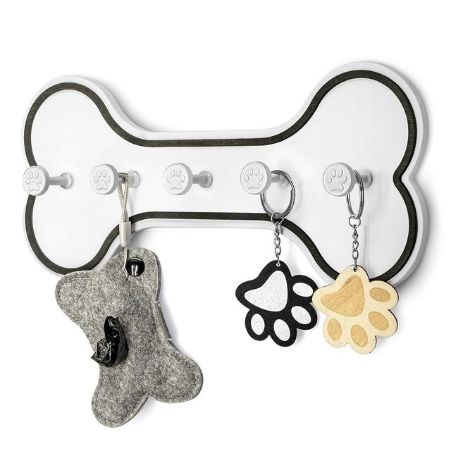 MTERSN Modern Farmhouse Dog Leash Holder for Wall - Decorative Key Hooks Wall Mount with Bone Shape and Coat Hanger for Entryway - Pets Accessories Storage for Dog Lover Gifts (Black & White)