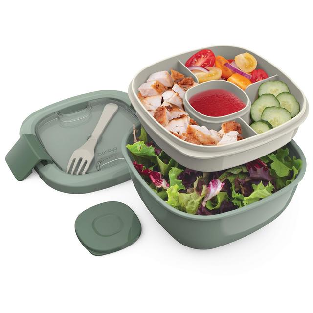 Bentgo® Salad - Stackable Lunch Container with Large 54-oz Salad Bowl, 4-Compartment Bento-Style Tray for Toppings, 3-oz Sauce Container for Dressings, Built-In Reusable Fork BPA-Free (Khaki Green)