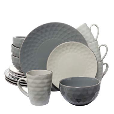 Elama Tahitian Round Stoneware Pearl Collection Dinnerware Dish Set, 16 Piece, Slate and Stone Gray