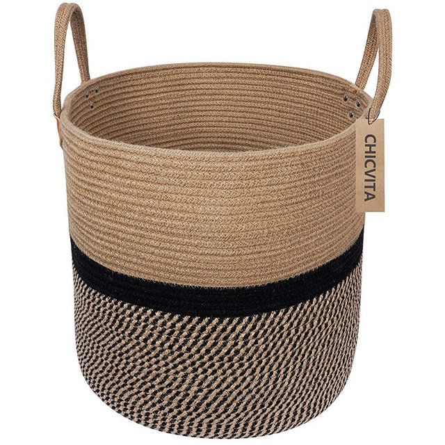 CHICVITA Extra Large Jute Basket Woven Storage Basket with Handles – Natural Laundry Basket Toy Towels Blanket Basket Home Decor Gift, 16" x 16", Black