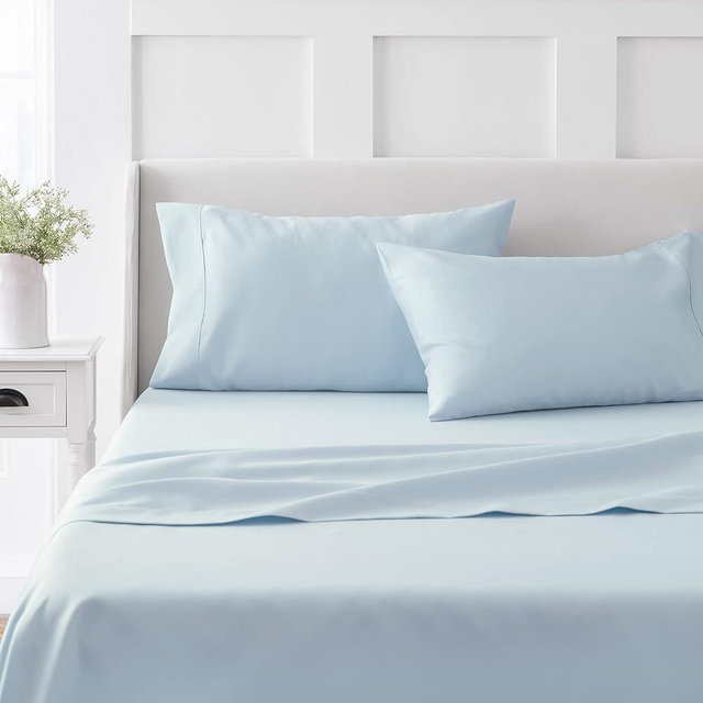 MARTHA STEWART 100% Cotton King Sheet Set - 4 Piece, Soft, Smooth, Durable, Easy Care, 16" Deep Pocket Sheet, Sateen Sheets, 1 Flat, 1 Fitted, 2 Pillowcases, Light Blue