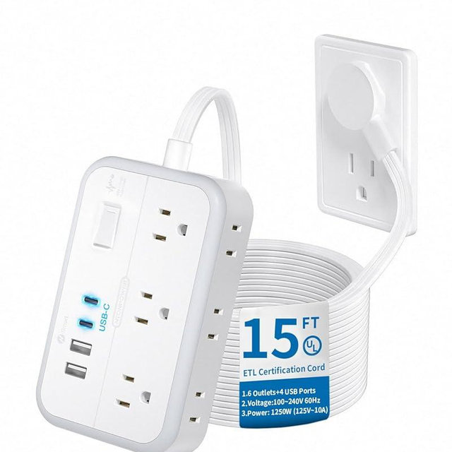 Flat Extension Cord 15 ft, NTONPOWER Surge Protector Power Strip with 6 Widely Outlets 4 USB Ports(2 USB C), Flat Plug, Wall Mounted, Side Outlet Extender for Indoor, Home Office, Dorm Room Essentials