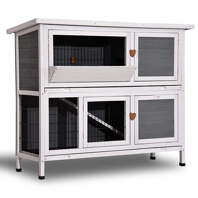 Lovupet 2 Story Outdoor Wooden Rabbit Hutch Chicken Coop Bunny Cage Guinea Pig House with Ladder for Small Animals 0323 (Grey)