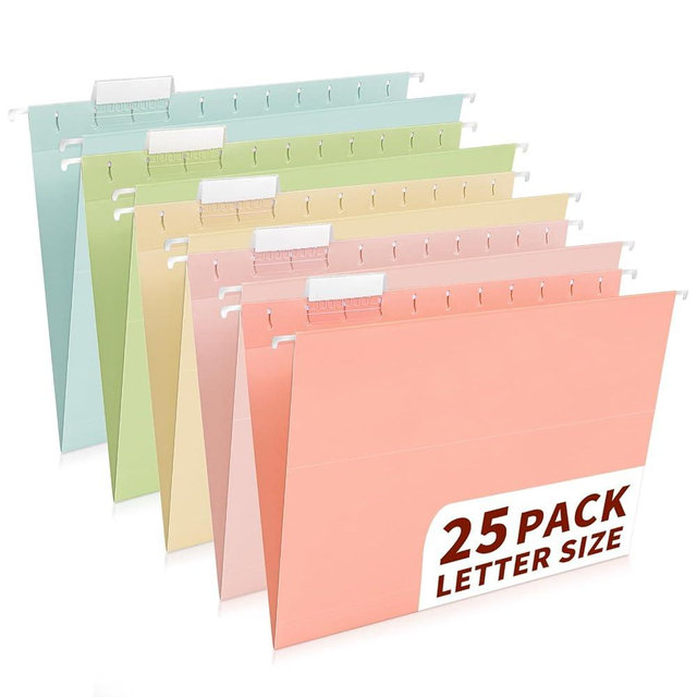 25-Pack Pastel Hanging File Folders, Letter Size with 1/5-Cut Tabs, 35 Transparent Label Cards, 50 Sticker Labels–Home Office & Filing Cabinets