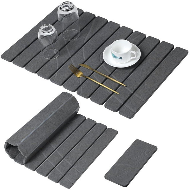 Large Stone Dish Drying Mat for Kitchen Counter,2 PCS Quick Dry Stone Mats,Foldable Water Absorbing Diatomaceous Drying Pad for Countertop Bottles Utensils Cups (Flow Line Dark Gray 24"x16" & 8"x4")