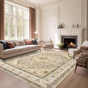 Area Rug 8x10 Rugs for Living Room 8 x 10 Vintage Washable Rugs Low Pile Non-Slip Living Room Rugs for Bedroom Dining Room Indoor Floral Thin Rugs Brown