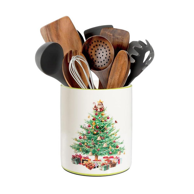 BOXJINCO Christmas Utensil Holder, Christmas Tree Utensils Holder for Christmas Kitchen Decor, Xmas Cute Ceramic Utensils Crock for Rustic Farmhouse Indoor Kitchen Decorations