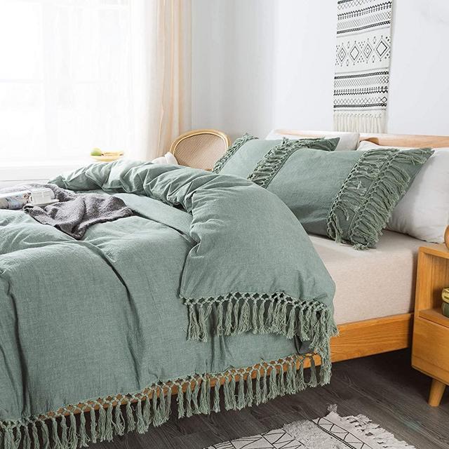 Brandream Boho Bedding Tassel Duvet Cover Fringed King 3 Pcs 100% Washed CottonTeen Baby Vintage and Elegant Ruffle Duvet Covers Green