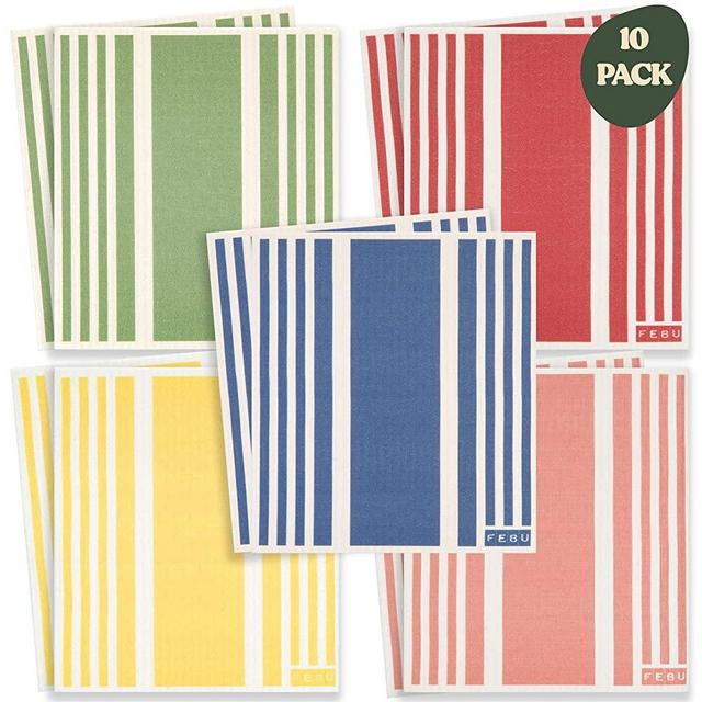 FEBU - Swedish Dishcloths for Kitchen | 10 Pack Gift Classic Stripe Zero Waste Cellulose Dish Sponge | Non Scratch Reusable Paper Towels | No Odor, Biodegradable and Reusable Swedish Sponge Cloths