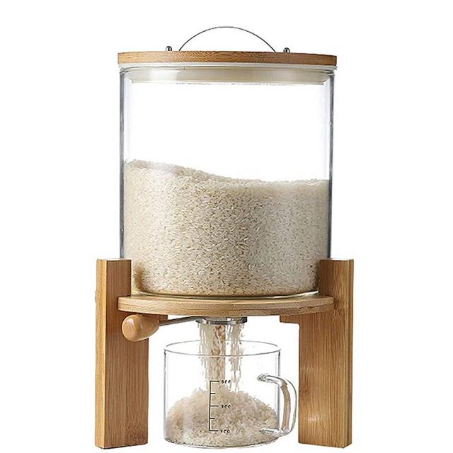 Flour and Cereal Container, 5L/8L, Rice Dispenser, Creative Glass Food Storge Container for Kitchen Organization and Pantry Store, Airtight Lid and Wooden Stand5L