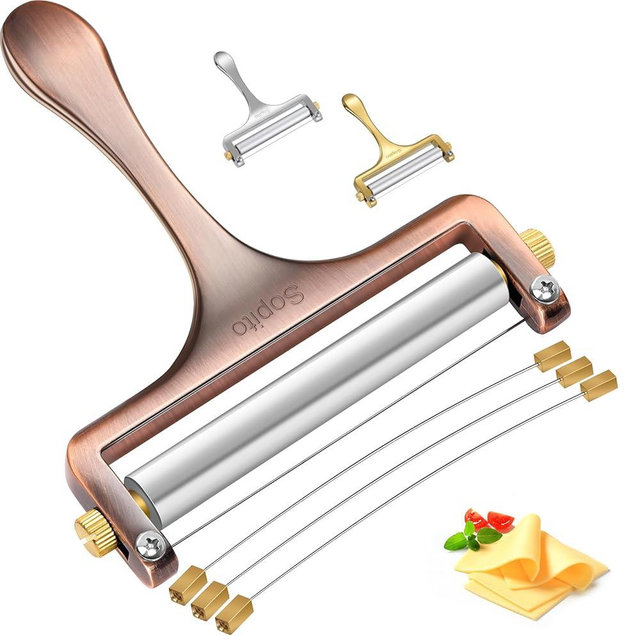 Sopito Cheese Slicer Stainless Steel With 3 Extra Wires Great for Cheddar, Gruyere, Raclette, Mozzarella Cheese Block, Adjustable Thickness, Copper