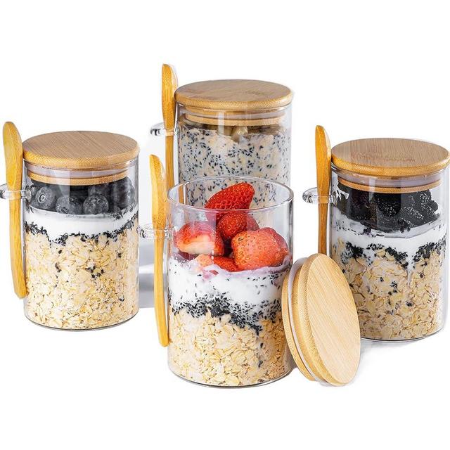 MHDCLY Overnight Oats Containers with Lids,16oz Overnight Oats Jars,4Pack Oatmeal Cups,Meal Prep Containers,Glass Meal Prep Containers with Lids,Glass Jar with Lid for Chia Pudding Yogurt Salad Cereal