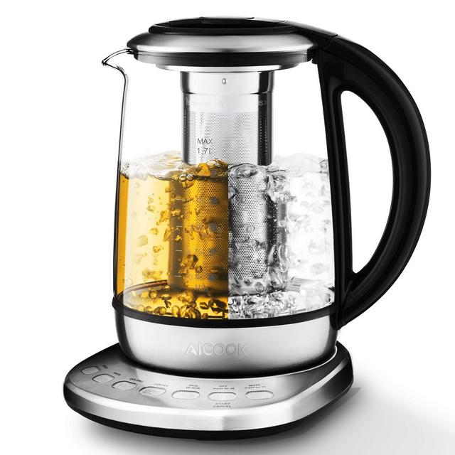 Electric Tea Kettle 1.7L Glass Teapot with One Touch Temperature Control, Food Grade Stainless Steel Inner Lid, Infuser Bottom, 120min Keep Warm Boil Dry Protection, BPA free