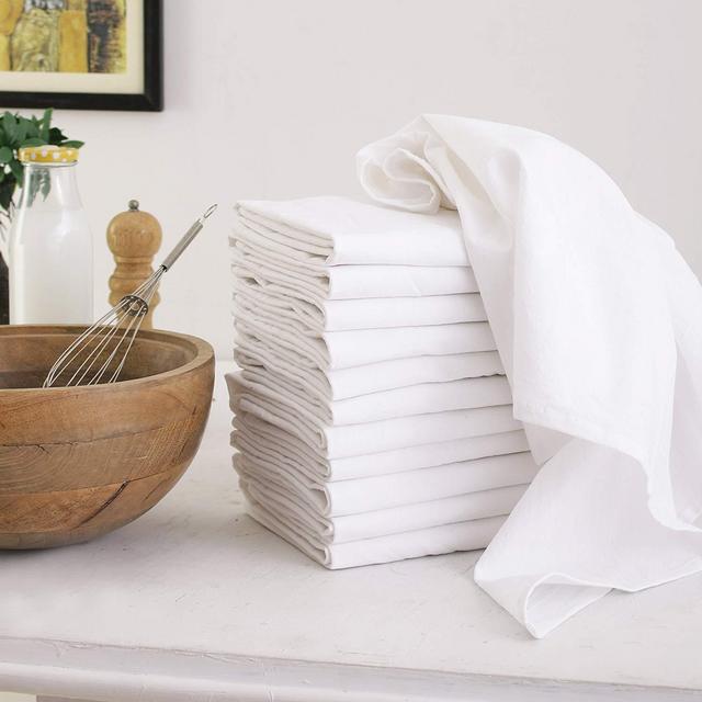 Flour Sack Dish Towels, Set of 12 (27 x 27 Inches), Multi-use White Kitchen Towels, 100% Cotton, Highly Absorbent, Tea towels for Embroidery