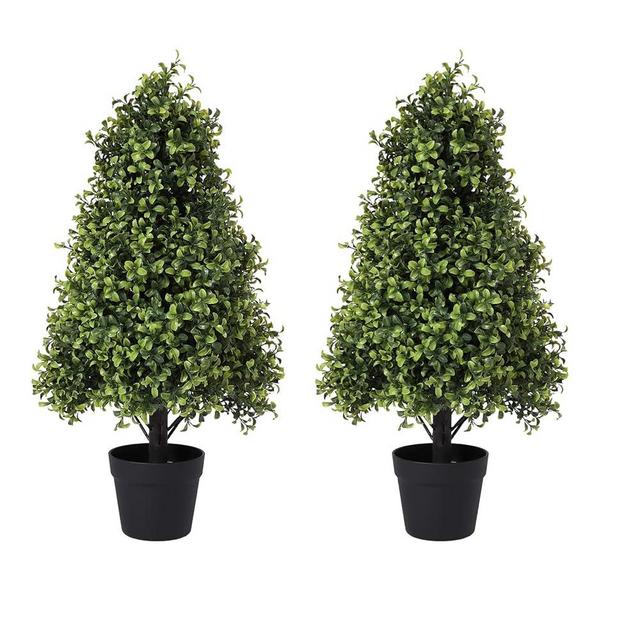 Azoco 30in Artificial Boxwood Topiary Trees (Set of 2) - UV Resistant Faux Plants Outdoor, Realistic 2.5ft Fake Cone Bushes and Shrubs for Front Porch, Planter, Patio - Low Maintenance & Evergreen