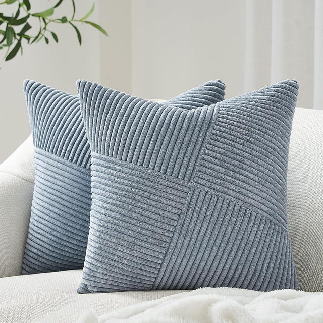 Topfinel Dusty Blue Throw Pillow Covers 20x20 Set of 2, Soft Corduroy Couch Decorative Pillow Covers Windmill Textured Striped Patchwork Cushion Cover for Bedroom Living Room Boho Home Decor