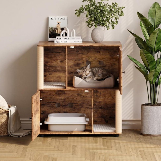 Litter Box Cabinet, Hidden Cat Litter Box Furniture with Dual Compartments, Odor Control & Scratch-Resistant Panels, Compact Enclosure for Multiple Cats, White Black Grey