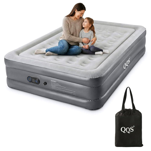 QQS Air Mattress Queen with Built in Pump, 18'' Raised Inflatable Bed, 660lb Support Blow Up Mattress, 3 Mins Quick Self-Inflating for Home, Guest & Camping