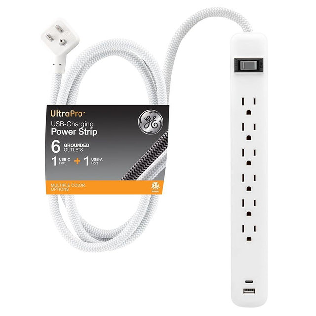GE 6-Outlet Power Strip with USB, 1 USB-A, 1 USB-C, Outlet Extender, 6 Ft Braided Extension Cord, Flat Plug, Charging Station, White, 82594