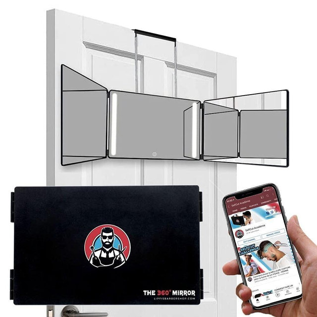 The 360° Mirror - 3 Way Mirror for Self Hair Cutting with Height Adjustable Telescoping Hooks (with LED)