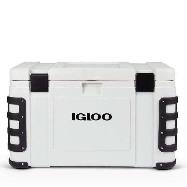 Igloo Leeward Marine Grade Lockable Insulated Fishing Ice Chest Cooler with Cutting Board, Fish Ruler, and Tie-Down Points, White