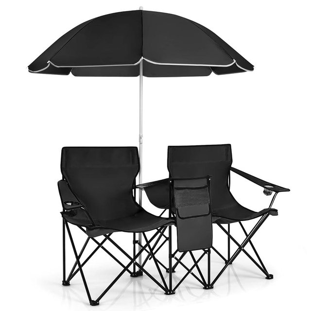 MAT EXPERT Folding Double Camp Chair w/Removable Umbrella, Portable Picnic Chair w/Mini Table, Chair Set w/Beverage Holder, Portable Loveseat Camp Chairs for Beach, Backyard, Poolside (Black)