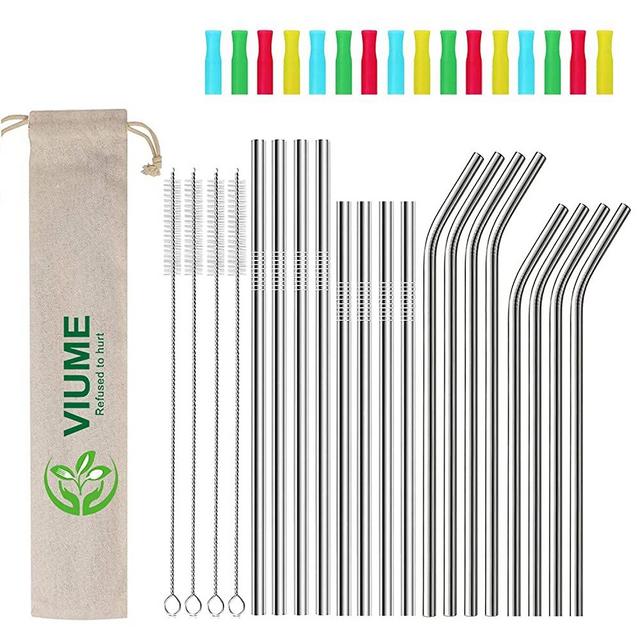 16 Set Silver Reusable Metal Straws, 0.24" Wide Stainless Steel Straws Drinking Straw for 20 and 30 oz Tumbler with 16 Silicone Tip & 4 Cleaning Brush & 1 Bag 