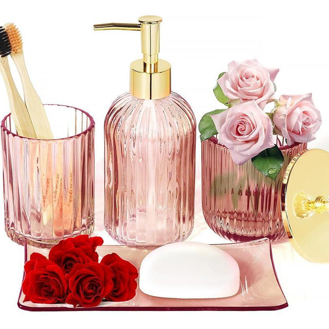 Designer Pink Glass Bathroom Accessories Sets - 4 Pcs with Lotion Soap Dispenser, Bathroom Toothbrush Holder, Vanity Tray, and Apothecary Jar, Vintage Bathroom Decor, Valentine's Day Gift