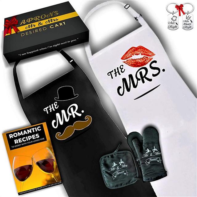 Mr & Mrs Aprons Set For Happy Couple | Engagement Gifts for Him&Her, Gifts for Bride, Bridal Shower, Wedding Gifts for Couple - Free Mr&Mrs. KeyChain& Lovely-Romantic Recipe Book, Pot Holder&OvenMitts