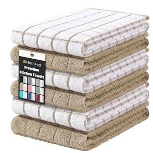 Homaxy Premium Cotton Kitchen Towels 16"x 28", Large Natural Ring Spun 390 GSM Dish Towels, Super Absorbent Terry Kitchen Hand Towels, Soft Tea Towels with Hanging Loop, Tan Check Design, 6 Pack