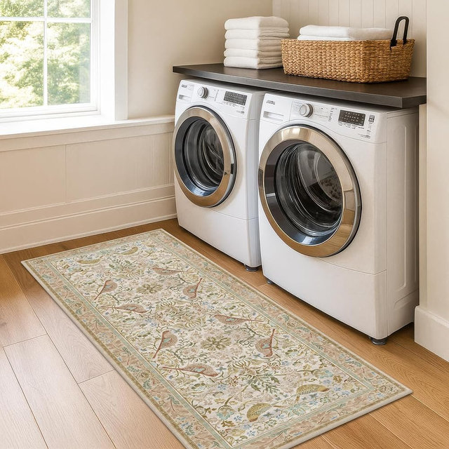Hazo Haus Boho Bathroom Runner Rug 2x5 - Floral & Bird Runner Rug for Kitchen Floor, Hallway, Laundry Room, Bedroom, Entrance, Beige Neutral Vintage Decor, Washable Non Slip Low Pile