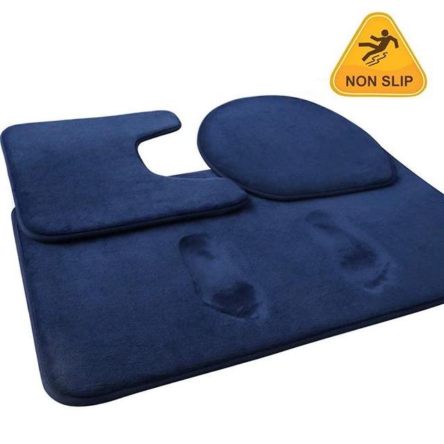 FEELSO Memory Foam Bath Mat Set, 3 Piece Bathroom Rugs Non Slip and Absorbent Mats, 20x31 Inches Floor Mat, 15x20 Inches U-Shaped Contour Rug and Toilet Lid Cover for Tub Shower & Bath Room, Blue