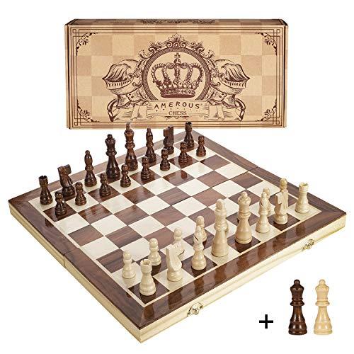 Amerous 15 Inches Magnetic Wooden Chess Set - 2 Extra Queens - Folding Board, Handmade Portable Travel Chess Board Game Sets with Game Pieces Storage Slots - Beginner Chess Set for Kids and Adults